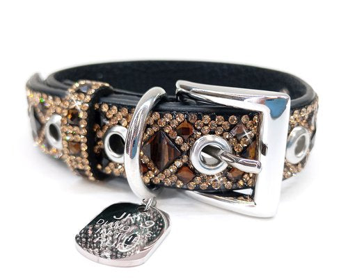 faux leather dog collar with brown crystals with silver adjustable clasp and silver dog tag