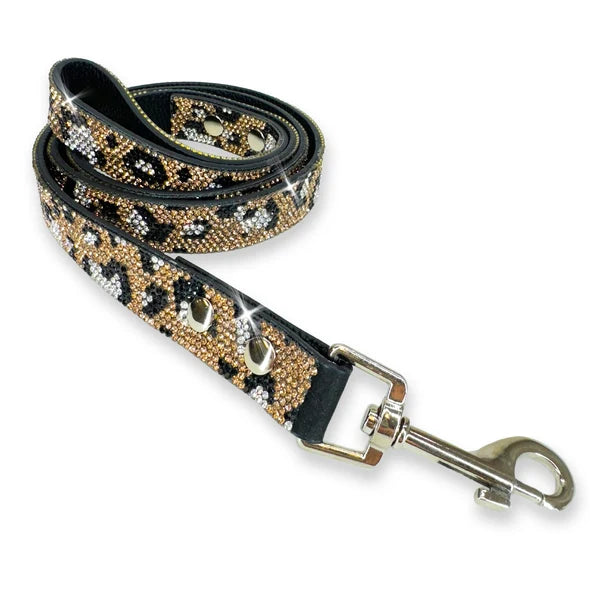 pet leash made with faux leather and glass crystals in gold silver and black creating a leopard pattern and a silver swivel clasp