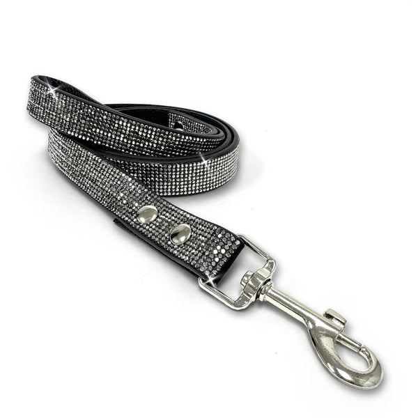 a black faux leather pet leash with dark grey glass crystals embedded and a silver swivel clasp