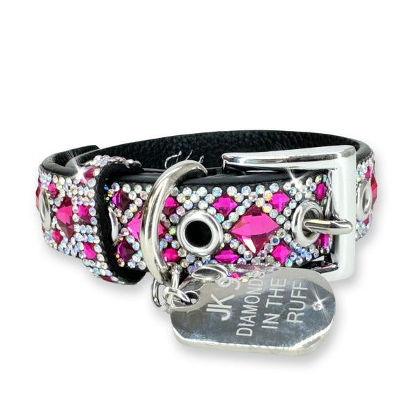 faux leather dog collar with hot pink and silver crystals with silver adjustable clasp and silver dog tag