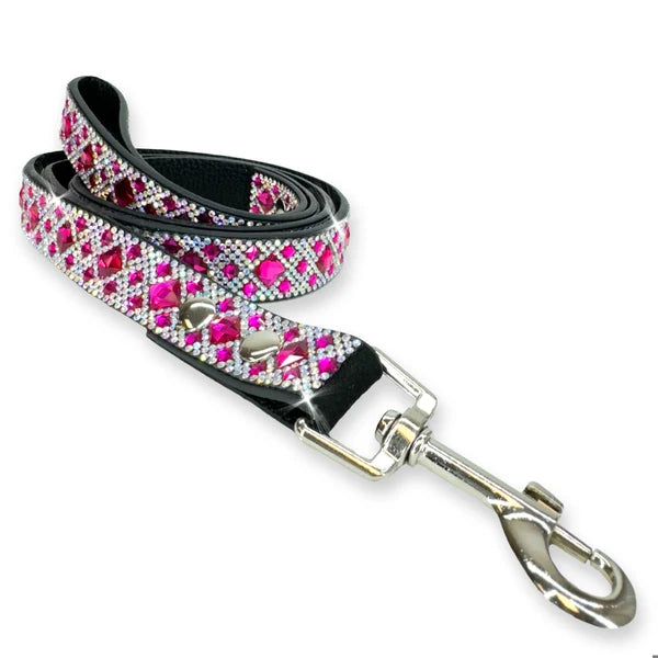 a black faux leather leash with silver and hot pink glass crystals and a silver swivel clasp