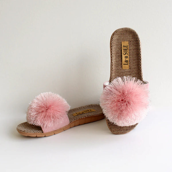 KIDS SIZE POM POM SLIDES PINK