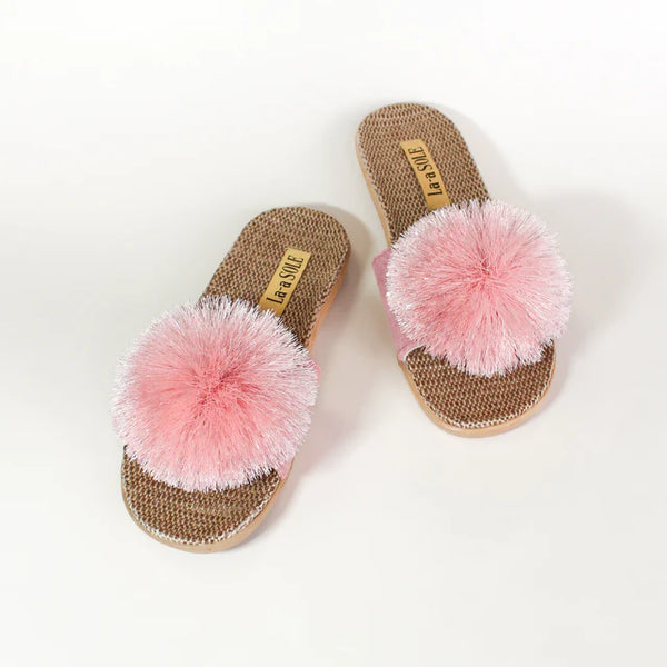 LADIES PINK POM POM SLIDES