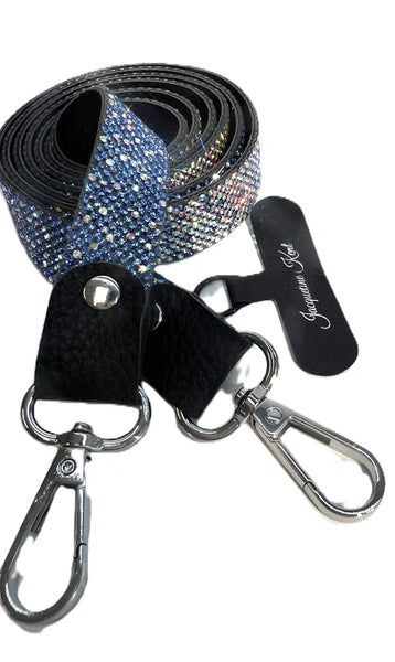 Black strap with blue rhinestone pattern and carabiners on a white background