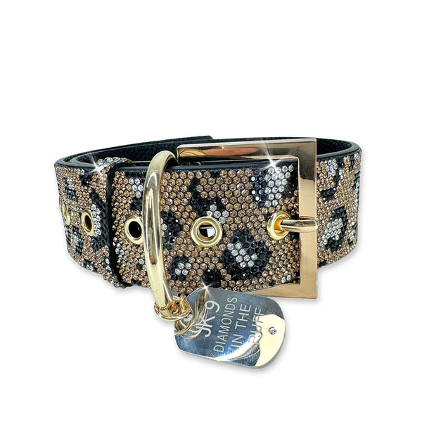 faux leather dog collar with gold black and silver crystals in a leopard print with silver adjustable clasp and silver dog tag