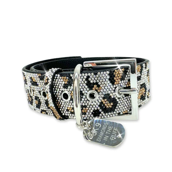 faux leather dog collar with silver gold and black crystals in a leopard print with silver adjustable clasp and silver dog tag
