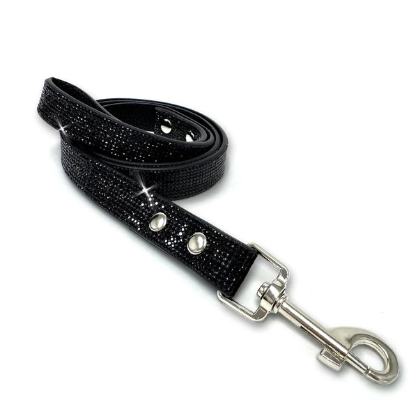 a fuax leather black leash with black crystals embedded and  swivel silver clasp