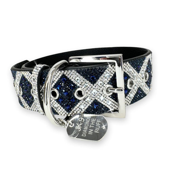 faux leather dog collar with Navy and crystals with silver adjustable clasp and silver dog tag