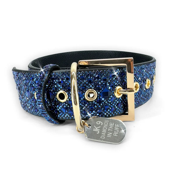 faux leather dog collar with Navy crystals with gold adjustable clasp and silver dog tag