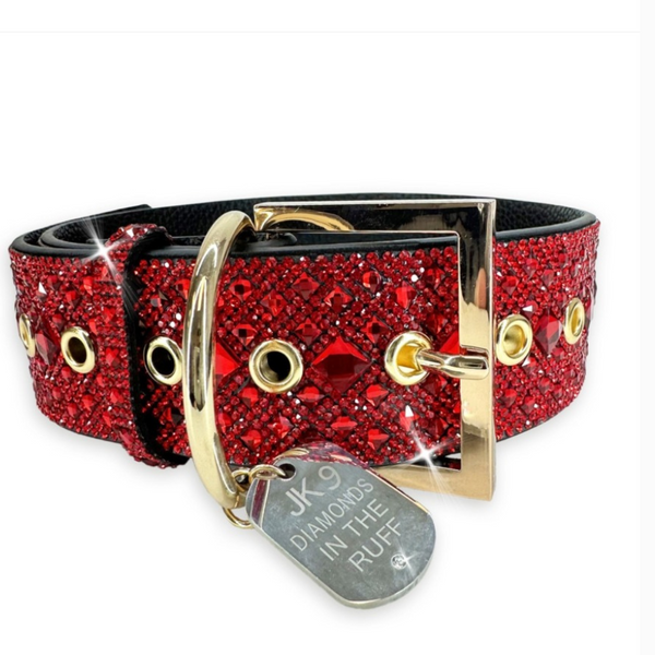 faux leather dog collar with red glass crystals with gold adjustable clasp and silver dog tag