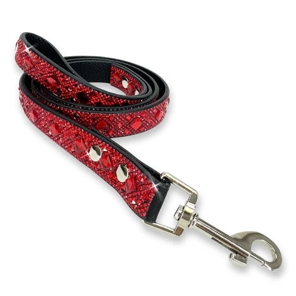 black faux leather pet leash with bright red crystals embedded and a silver swivel 