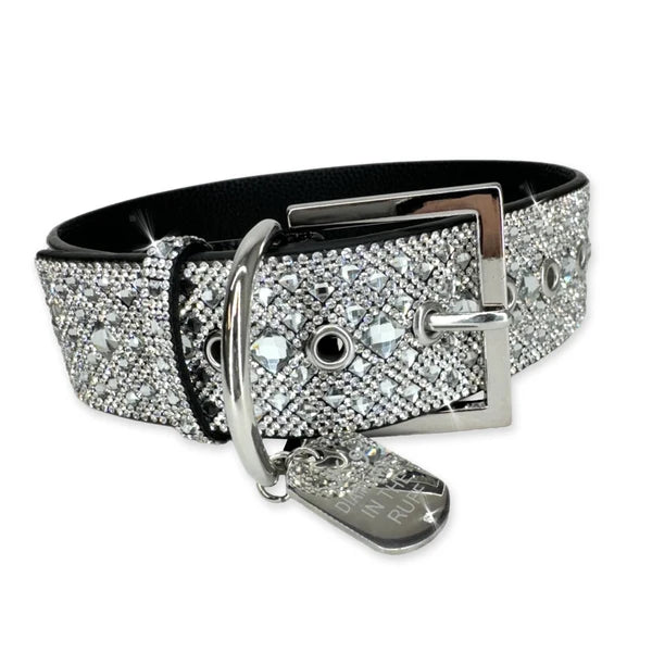 faux leather dog collar with silver crystals with silver adjustable clasp and silver dog tag