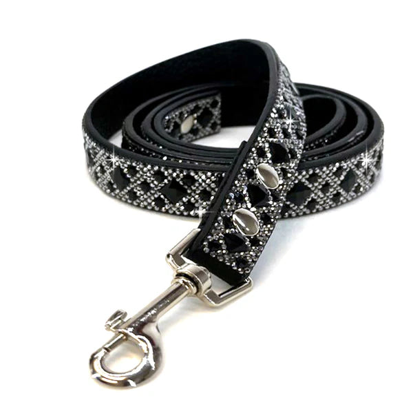 a black faux leather leash with black and dark grey crystals embedded with a silver swivel clasp 