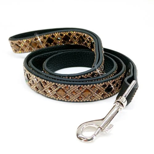 faux black leather leash with chocolate brown crystals embedded and a silver swivel clasp