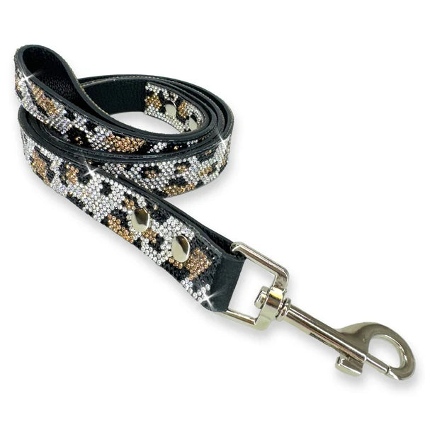 pet leash with a leopard pattern made with faux leather and silver gold and black crystals and a silver swivel clasp