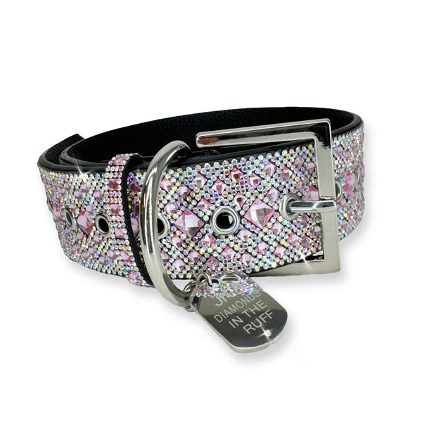 faux leather dog collar with bpink and silver crystals with silver adjustable clasp and silver dog tag