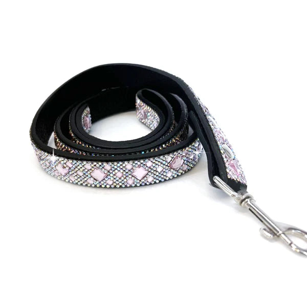 a black faux leather leash with soft pink glass crystals embedded and a silver swivel clasp 