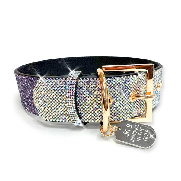 faux leather dog collar with purple and silver crystals with silver adjustable clasp and gold dog tag