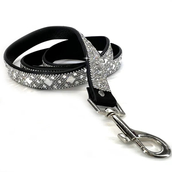 a black faux leather leash with bright silver crystals embedded and a silver swivel clasp