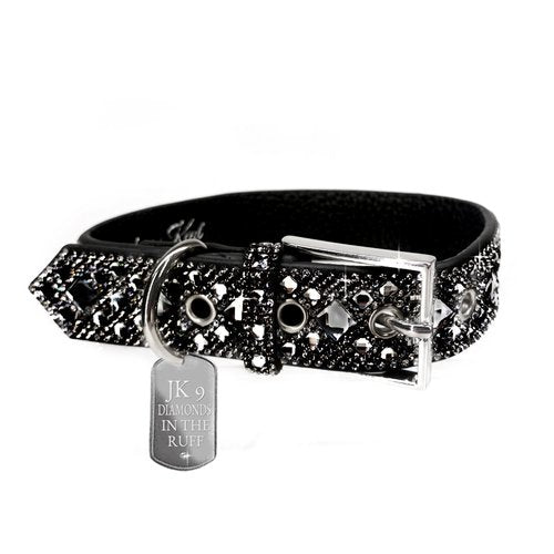 faux leather dog collar with Black crystals with silver adjustable clasp and silver dog tag